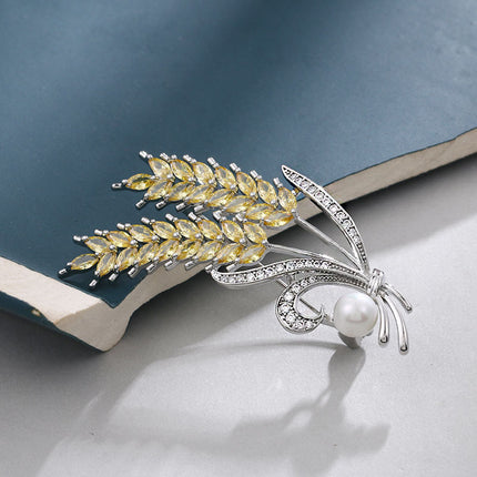 Copper White Gold White Zircon Wheat Brooch