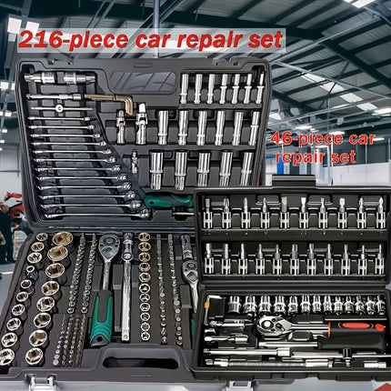 46/216pcs Automotive Repair Tool Set, Ratchet Wrench, 1/2", 1/4", 3/8" SAE Metric Socket Wrench Set