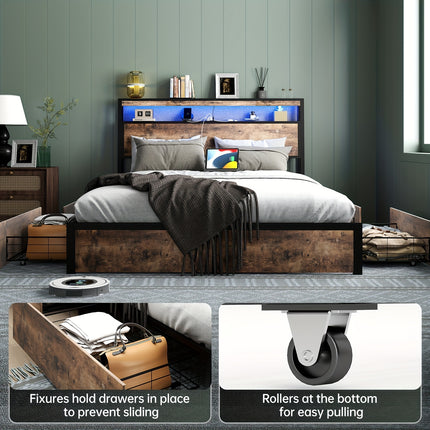 Bed Frame Available in Full, Queen, And King Sizes Featuring Four Storage Drawers