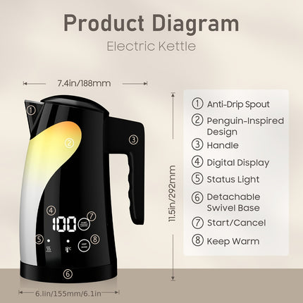 Cute Penguin Design Cordless Electric Kettle 42.27oz & BPA-Free - Variable Temperature Control