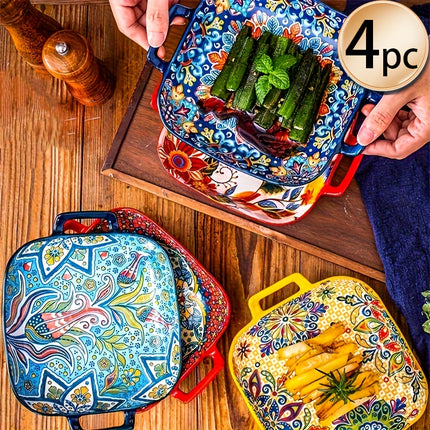 Set of Four Bohemian Square Plates with Double Handles! These Ceramic Serving Dishes Are