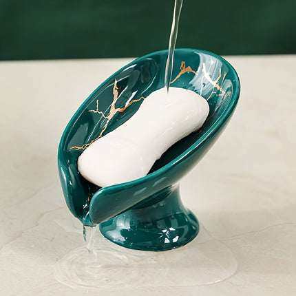 Elegant Ceramic Soap Dish with Leaf Design, Self-Draining Soap Holder, Automatic Drainage Soap Tray