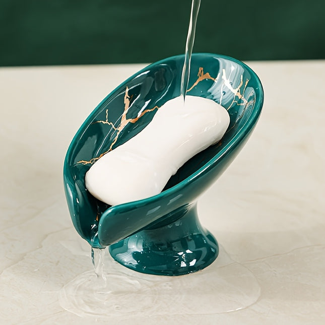Elegant Ceramic Soap Dish with Leaf Design, Self-Draining Soap Holder, Automatic Drainage Soap Tray