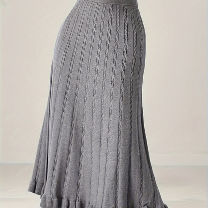 Women'S Elegant Cable Knit Skirt, Viscose, Solid Color, Autumn/Winter Fashion, Knitted (Ribbed) Fabric