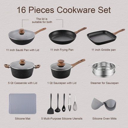 16 Pieces Pots and Pans Sets - Nonstick Cookware Set with Utensils and Steamer