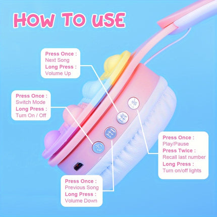 Cute Cat Ear Headphones - Wireless, Pink & White with Vibrant LED Lights, Heavy Bass,