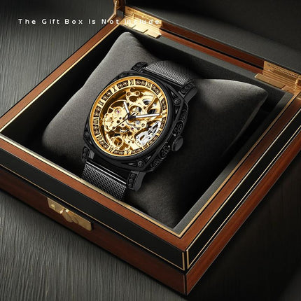 1pc Men'S Yellow Black Mesh Strap Simple Style Novel Carving Fully Automatic Tourbillon Hollow