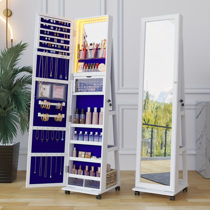 360° Rotating Jewelry Armoire with Lights, Lockable Mirror Jewelry Cabinet,