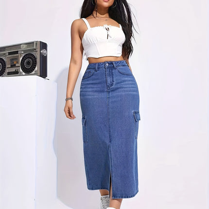 Spring Summer Autumn Slit Skirt with Large Pockets, High-Waisted Casual