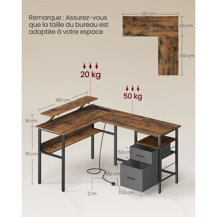 Shaped Desk with Power Strip, Corner Desk, Computer Desk with Screen Riser, Gaming Desk with LED,