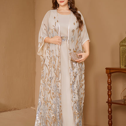 Plus Size, Plus Size Sequin Dress with Dual-Waist  Long Sleeve Train Maxi Gown, Elegant Formal Wedding
