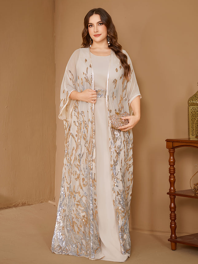 Plus Size, Plus Size Sequin Dress with Dual-Waist  Long Sleeve Train Maxi Gown, Elegant Formal Wedding