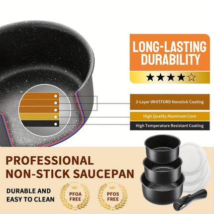 Induction Saucepan Set 7pcs, Nonstick Pots Set with Removable Handles, for All Hobs, Stackable Design,