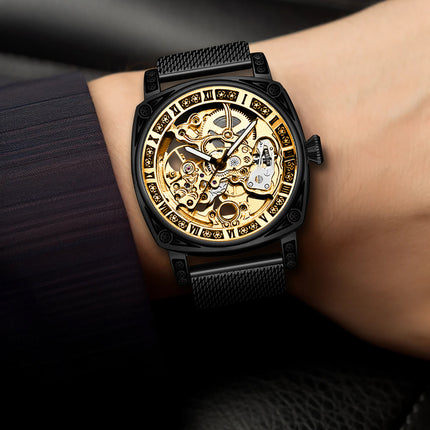 1pc Men'S Yellow Black Mesh Strap Simple Style Novel Carving Fully Automatic Tourbillon Hollow