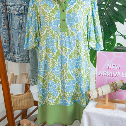 Sky Blue Floral Print Color Block Patchwork Shirt Collar Half Sleeve Mini Dress