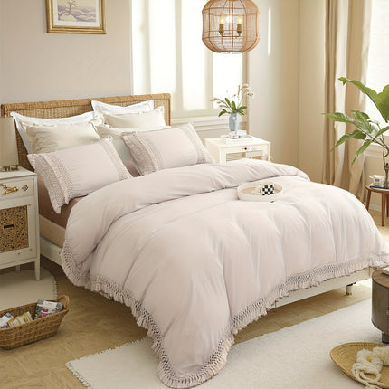 Beige Tassel Bedding Set 3pcs Quilt Cover Boho Solid Duvet Cover Set Burnt Orange Tassel Design with 50x75cm