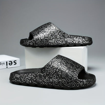 2 pcs Men's Plus Size Slippers, Men's Fashion Graffiti Casual Slides, Couples Indoor Outdoor Soft