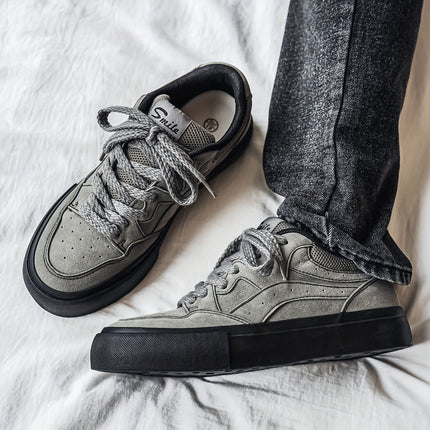 Men's Olive Green PU Low-Top Sneakers - Chunky Rubber Sole Skate Shoes, Lace-Up All-Season Casual