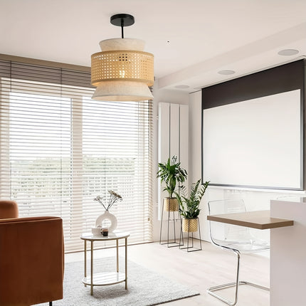 Vintage Rattan Woven Chandelier with Rattan And Fabric Lampshade,