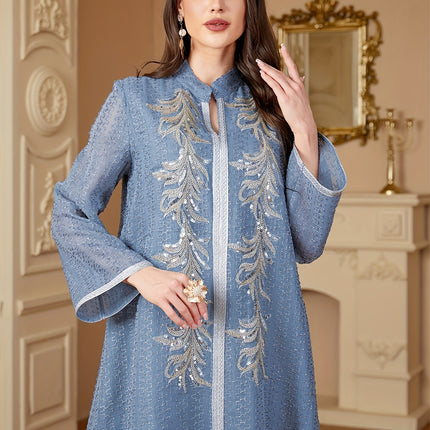 Ramadan Dubai Sequins Long Dress  Elegant Kebaya Abaya with Bright Line Decoration, 100% Polyester