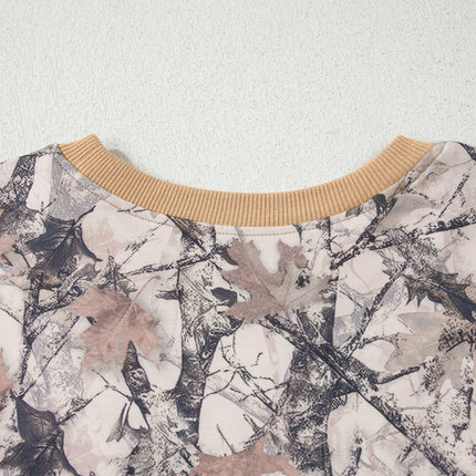 Khaki Woodland Camo Print Long Sleeve Top Casual Short Set