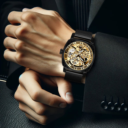 1pc Men'S Yellow Black Mesh Strap Simple Style Novel Carving Fully Automatic Tourbillon Hollow