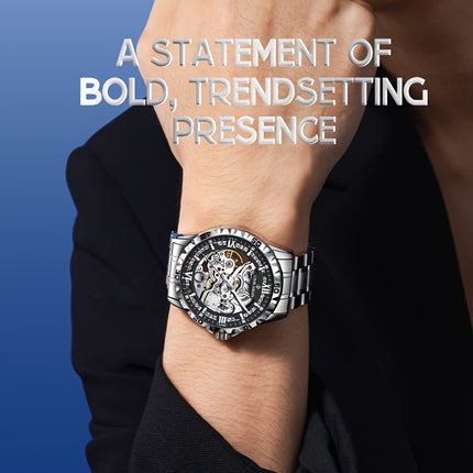 Men'S Automatic Mechanical Watch - Business Style, Hollow Dial, Round Case, Stainless Steel Strap