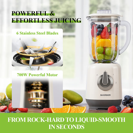 Juicer Blender 700W Fruit and Vegetable Blender Smoothie Maker with 6 Stainless Steel Blades, 1L