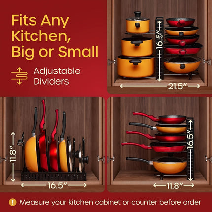 8-Tier Adjustable Pot Rack Cabinet Storage - Organize Kitchen Pots, Bowls, Utensils with 4 Hooks