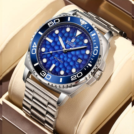 Men's Luxury Automatic Mechanical Watch with Date Chronograph - Stainless Steel Blue Dial Dress Watch,