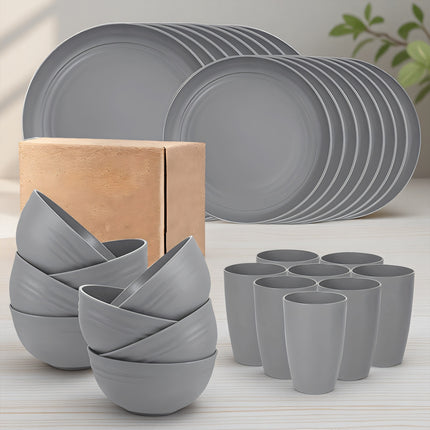 16/32pcs Plastic Tableware Set, Including Dinner Plates, Dessert Plates, Bowls, and Cups,