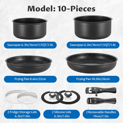 Cookware Set 10pcs, Nonstick Pots and Pans Set with Removable Handles, for All Hobs, Stackable Design