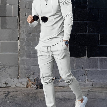 Men's Casual Sportswear Set - Hooded Long Sleeve Top & Joggers with Drawstring, Polyester Blend, Perfect for Spring/Fall Outdoor Activities