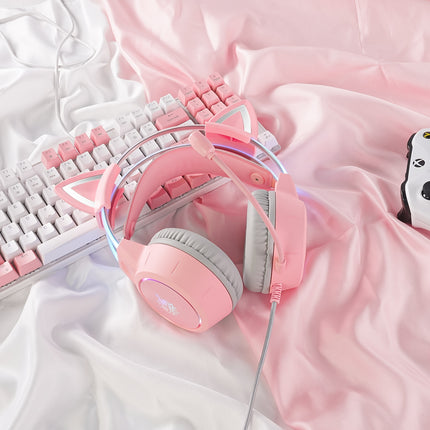 X15 Gaming Headset with Cat Ear Design & HD Microphone - Pink & White, Soft Earcups,