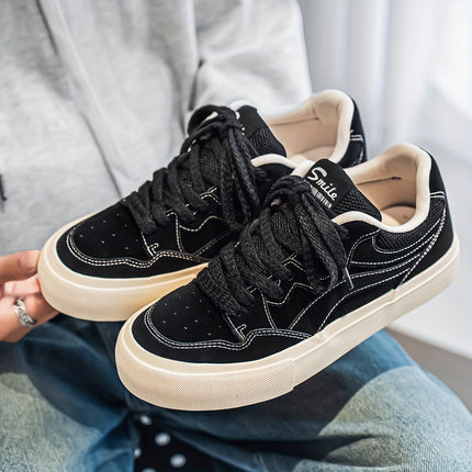 Men's Olive Green PU Low-Top Sneakers - Chunky Rubber Sole Skate Shoes, Lace-Up All-Season Casual
