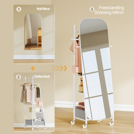 Freestanding Mirror Coat Rack, 50 x 165.8 cm, 360° Swivel Wheels, Storage Box & Hooks for Bedroom,