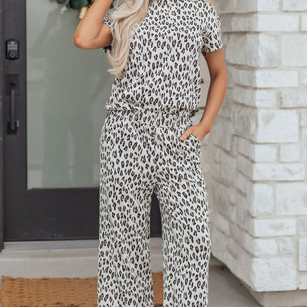 Beige Leopard Print Casual Tee and Pants 2pcs Outfit
