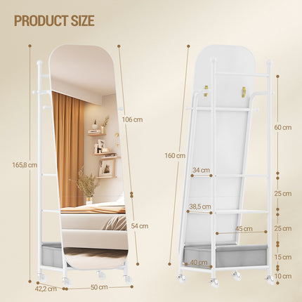 Freestanding Mirror Coat Rack, 50 x 165.8 cm, 360° Swivel Wheels, Storage Box & Hooks for Bedroom,