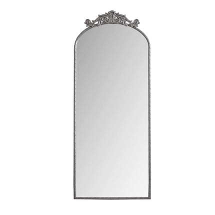 Vintage Arched Full Body Mirror 58'x24' with Antique Silver Metal Frame and Carved Applique, Wall Mounted Mirror for Living Room Bedroom Retro Decor