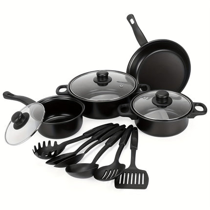 Cookware Set,Small Portable Cast Iron Pots and Pans with Glass Lids and Nylon Utensils for Outdoor Cooking