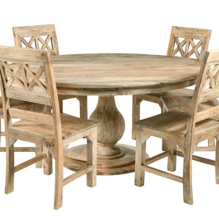 Seven Piece Natural Round Solid Wood Dining Set with Six Chairs