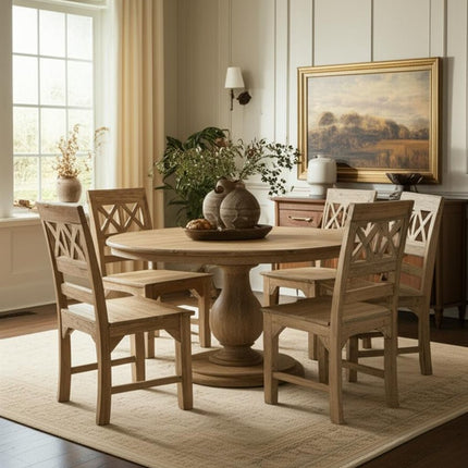 Seven Piece Natural Round Solid Wood Dining Set with Six Chairs