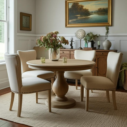 Five Piece Natural Round Solid Wood Dining Set with Four Chairs