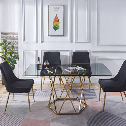 63" Clear and Gold Glass and Metal Geo Pedestal Base Dining Table