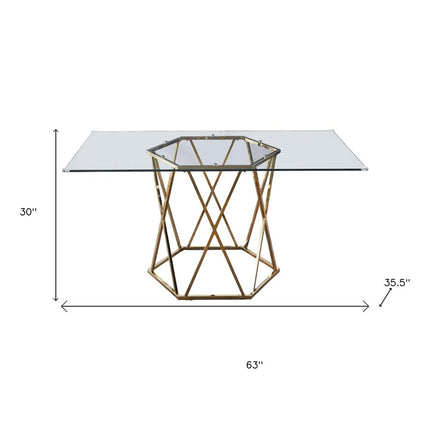63" Clear and Gold Glass and Metal Geo Pedestal Base Dining Table