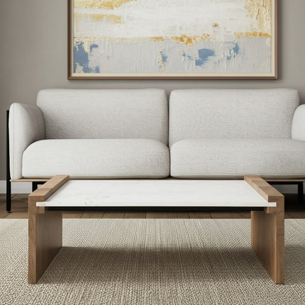 48" Natural and White Solid Wood And Genuine Marble Coffee Table