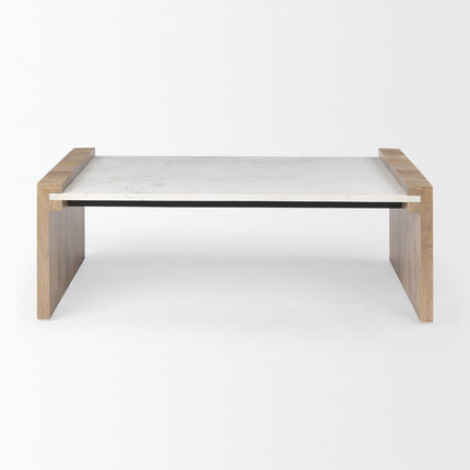 48" Natural and White Solid Wood And Genuine Marble Coffee Table
