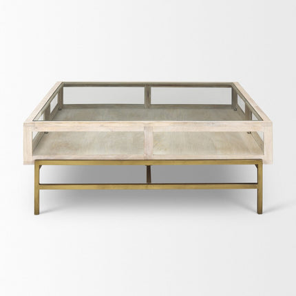 44" Off White Clear And Gold Solid Wood Glass And Iron Storage Coffee Table