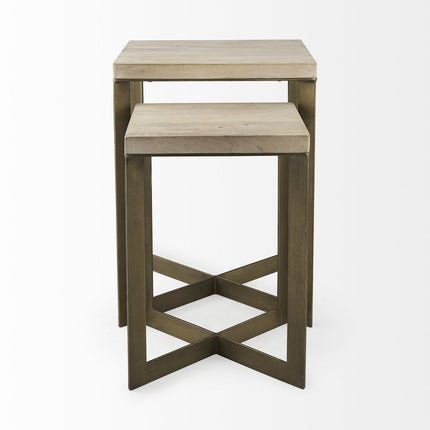 Set of Two Natural and Gold Solid Wood and Metal Square Cross Legs Nested Tables