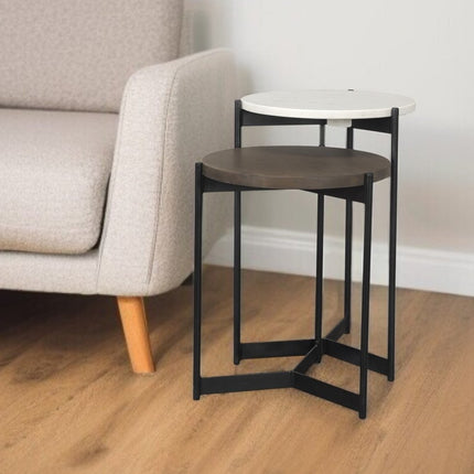 Set of Two Dark Brown and Black Marble Solid Wood and Metal Round Nested Tables